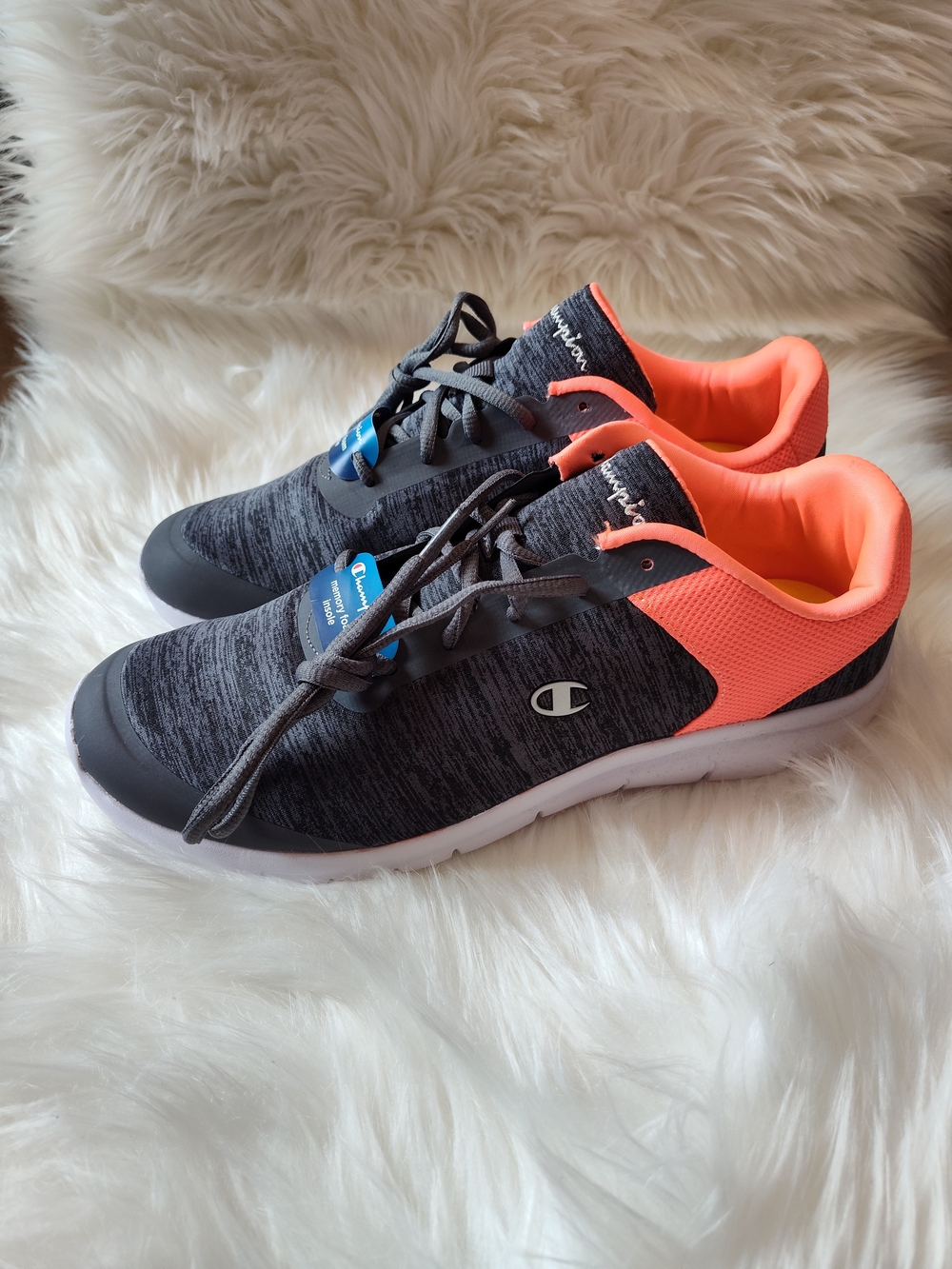 Champion Gray Knit Sneakers with Coral Accent